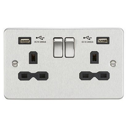 Picture of 13A 2G Switched Socket with Dual USB Charger A + A (2.4A) - Brushed Chrome with Black Insert
