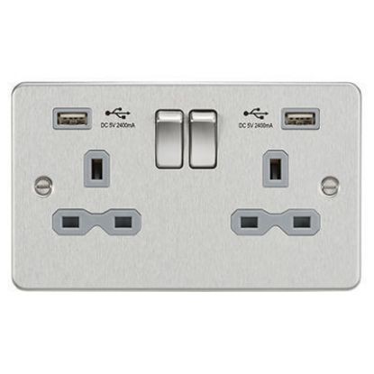 Picture of 13A 2G Switched Socket with Dual USB Charger A + A (2.4A) - Brushed Chrome with Grey Insert