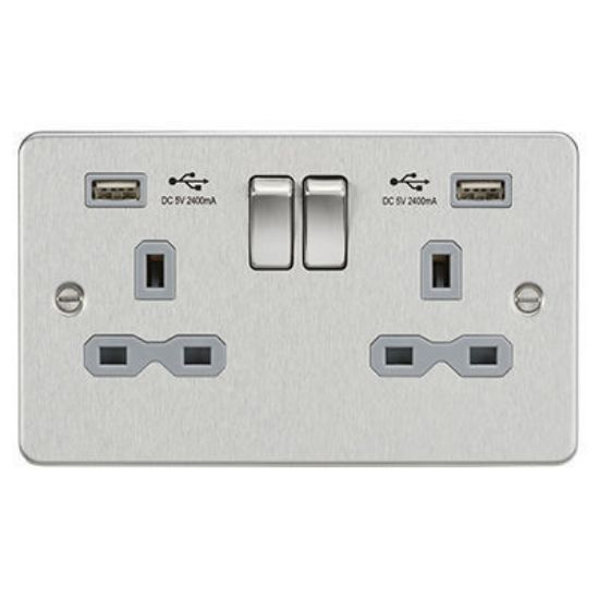 Picture of 13A 2G Switched Socket with Dual USB Charger A + A (2.4A) - Brushed Chrome with Grey Insert