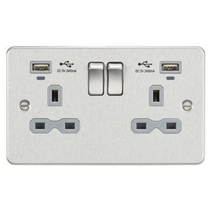 Picture of Flat Plate 13A 2G Switched Socket with USB Chargers (2.4A) - Brushed Chrome with Grey Insert