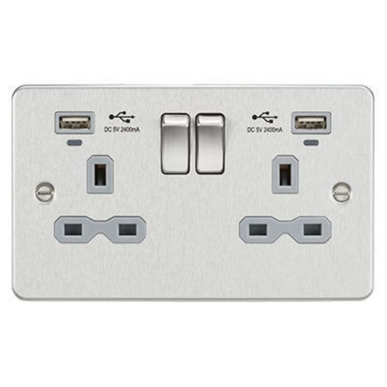 Picture of Flat Plate 13A 2G Switched Socket with USB Chargers (2.4A) - Brushed Chrome with Grey Insert