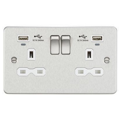 Picture of Flat Plate 13A 2G Switched Socket with USB Chargers (2.4A) - Brushed Chrome with White Insert