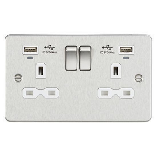 Picture of Flat Plate 13A 2G Switched Socket with USB Chargers (2.4A) - Brushed Chrome with White Insert