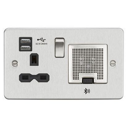 Picture of Flat Plate 13A Socket, USB Chargers (2.4A) and Bluetooth Speaker - Brushed Chrome with Black Insert