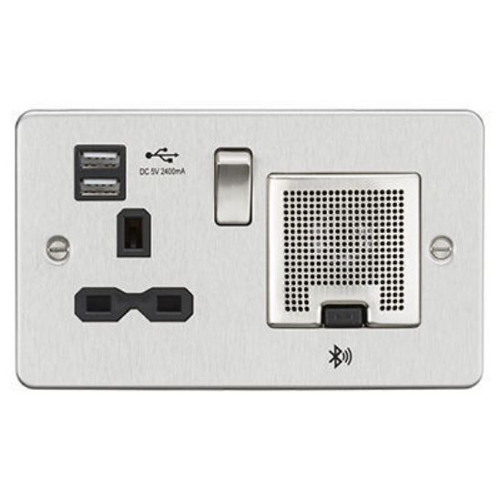 Picture of Flat Plate 13A Socket, USB Chargers (2.4A) and Bluetooth Speaker - Brushed Chrome with Black Insert