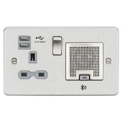 Picture of Flat Plate 13A Socket, USB Chargers (2.4A) and Bluetooth Speaker - Brushed Chrome with Grey Insert