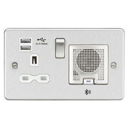 Picture of Flat Plate 13A Socket, USB Chargers (2.4A) and Bluetooth Speaker - Brushed Chrome with White Insert