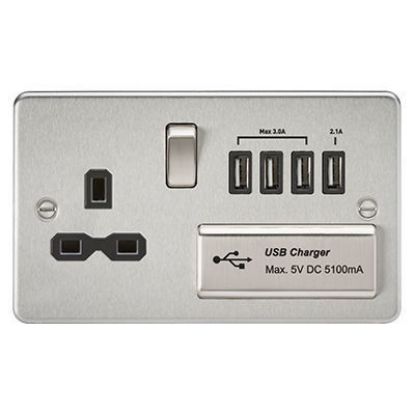 Picture of Flat plate 13A switched socket with quad USB charger - brushed chrome with black insert