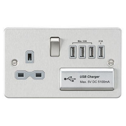 Picture of Flat plate 13A switched socket with quad USB charger - brushed chrome with grey insert