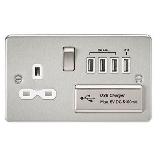 Picture of Flat plate 13A switched socket with quad USB charger - brushed chrome with white insert