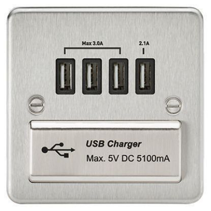 Picture of Flat Plate Quad USB charger outlet - Brushed chrome with black insert