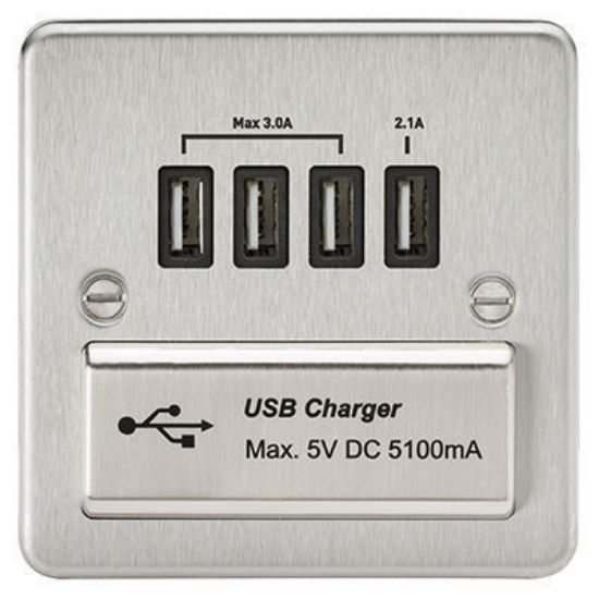 Picture of Flat Plate Quad USB charger outlet - Brushed chrome with black insert