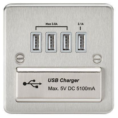 Picture of Flat Plate Quad USB charger outlet - Brushed chrome with grey insert