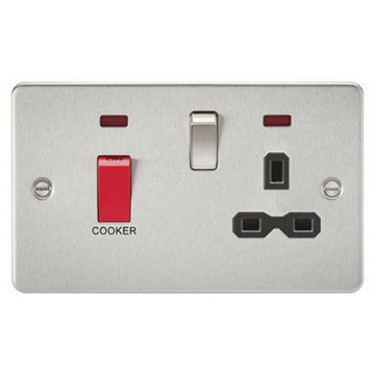 Picture of Flat Plate 45A DP Switch and 13A Switched Socket with Neon - Brushed Chrome with Black Insert