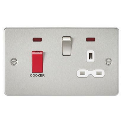 Picture of Flat Plate 45A DP Switch and 13A Switched Socket with Neon - Brushed Chrome with White Insert