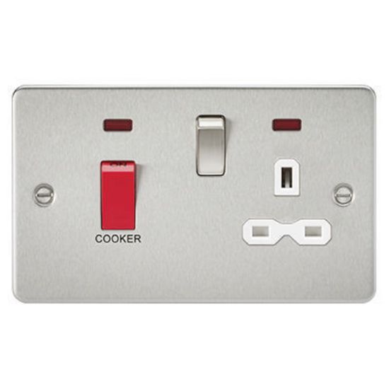 Picture of Flat Plate 45A DP Switch and 13A Switched Socket with Neon - Brushed Chrome with White Insert