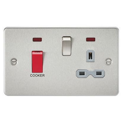 Picture of Flat Plate 45A DP Switch and 13A Switched Socket with Neon - Brushed Chrome with Grey Insert