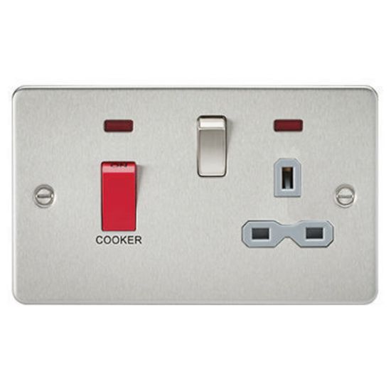 Picture of Flat Plate 45A DP Switch and 13A Switched Socket with Neon - Brushed Chrome with Grey Insert