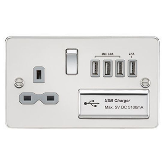 Picture of Flat Plate 13A Switched Socket with Quad USB Charger - Polished Chrome with Grey Insert