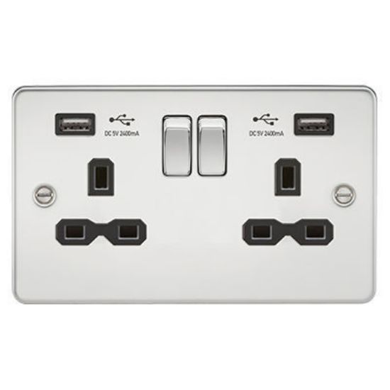 Picture of 13A 2G Switched Socket with Dual USB Charger A + A (2.4A) - Polished Chrome with Black Insert