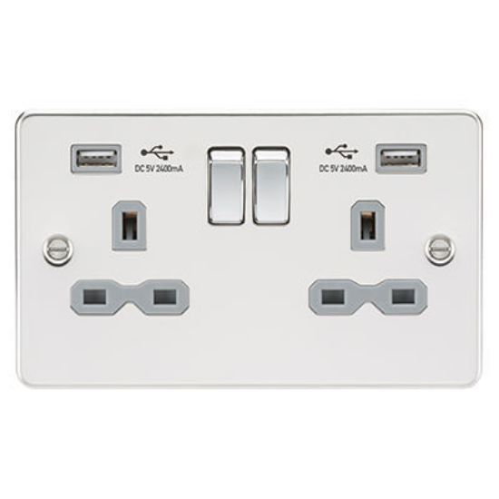 Picture of 13A 2G Switched Socket with Dual USB Charger A + A (2.4A) - Polished Chrome with Grey Insert