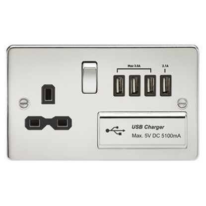 Picture of Flat plate 13A switched socket with quad USB charger - polished chrome with black insert