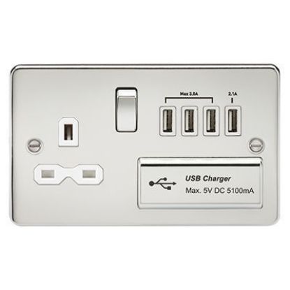 Picture of Flat plate 13A switched socket with quad USB charger - polished chrome with white insert