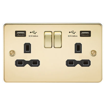 Picture of 13A 2G Switched Socket with Dual USB Charger A + A (2.4A) - Polished Brass with Black Insert