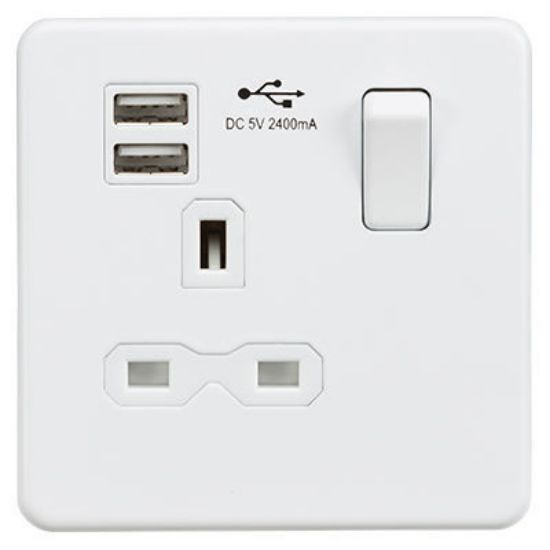 Picture of Screwless 13A 1G Switched Socket with Dual USB Charger (2.4A) - Matt White