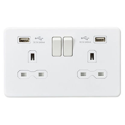 Picture of 13A 2G Switched Socket with Dual USB Charger A + A (2.4A) - Matt White