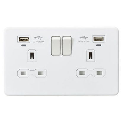 Picture of 13A 2G Switched Socket, Dual USB (2.4A) with LED Charge Indicators - Matt White