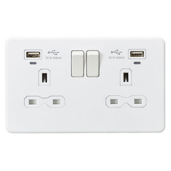 Picture of 13A 2G Switched Socket, Dual USB (2.4A) with LED Charge Indicators - Matt White