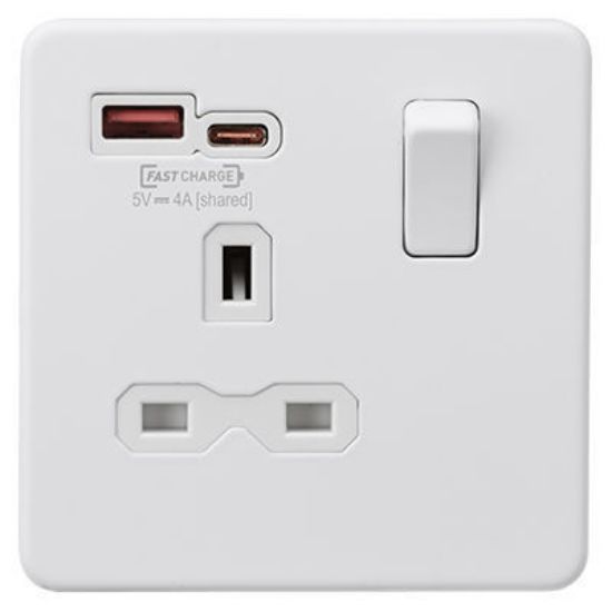 Picture of 13A 1G Switched Socket with Dual Fast Charge Outlets A+C (5-12V 4A shared) - matt white