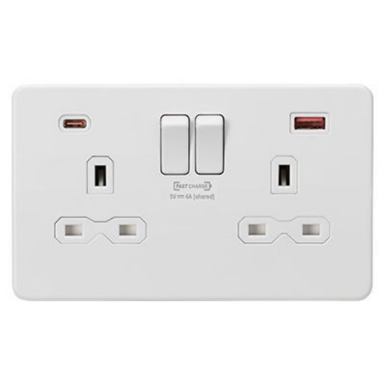 Picture of 13A 2G DP Switched Socket with Dual USB Charger A + C (FASTCHARGE) - Matt White