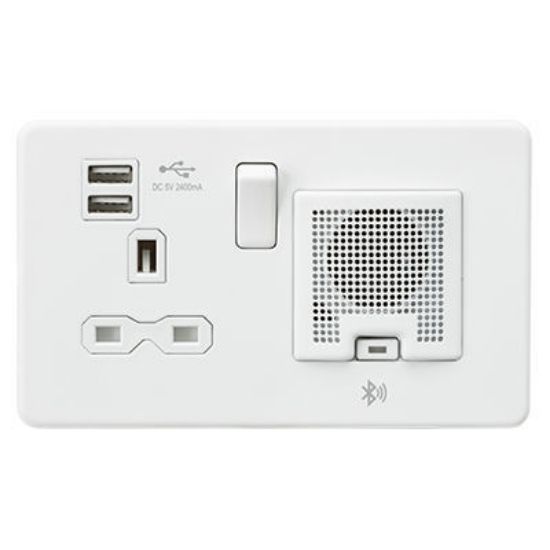 Picture of Screwless 13A Socket, USB Chargers (2.4A) and Bluetooth Speaker - Matt White