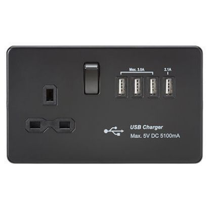 Picture of Screwless 13A switched socket with quad USB charger (5.1A) - Matt Black