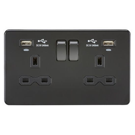 Picture of 13A 2G Switched Socket, Dual USB (2.4A) with LED Charge Indicators - Matt Black