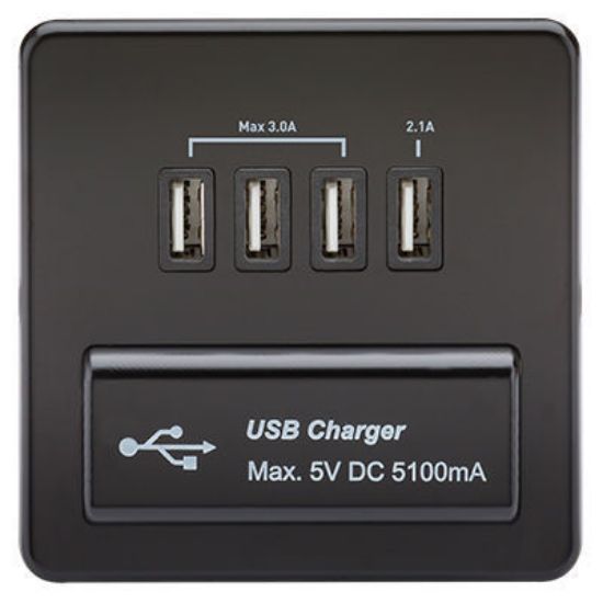 Picture of Screwless Quad USB Charger Outlet (5.1A) - Matt Black with Black Insert