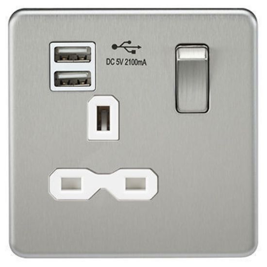 Picture of Screwless 13A 1G switched socket with dual USB charger (2.1A) - brushed chrome with white insert