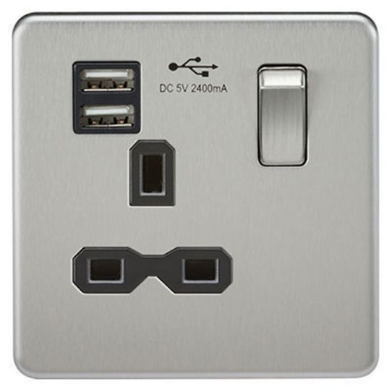 Picture of Screwless 13A 1G switched socket with dual USB charger (2.4A) - brushed chrome with black insert