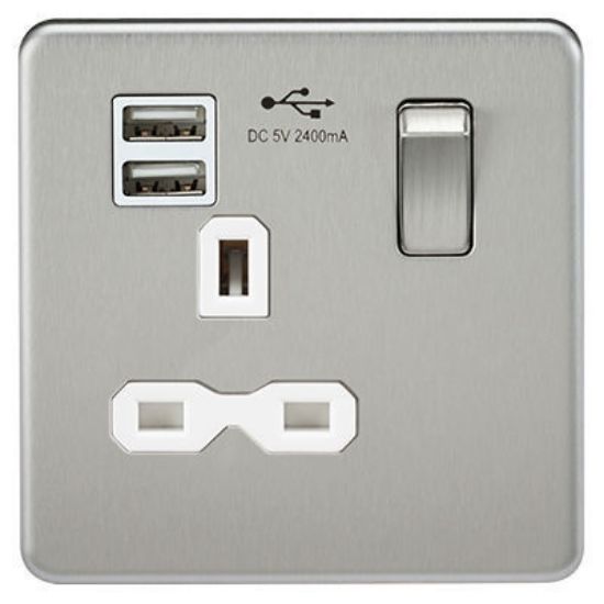 Picture of Screwless 13A 1G switched socket with dual USB charger (2.4A) - brushed chrome with white insert