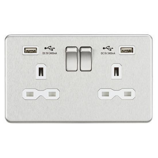 Picture of 13A 2G switched socket with dual USB charger A + A (2.4A) - Brushed chrome with white insert