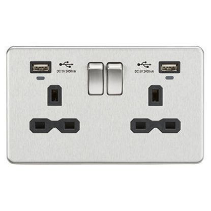 Picture of 13A 2G Switched Socket, Dual USB (2.4A) with LED Charge Indicators - Brushed Chrome w/black insert