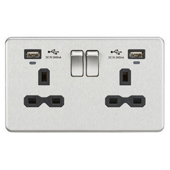 Picture of 13A 2G Switched Socket, Dual USB (2.4A) with LED Charge Indicators - Brushed Chrome w/black insert