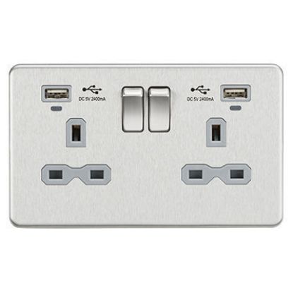 Picture of 13A 2G Switched Socket, Dual USB (2.4A) with LED Charge Indicators - Brushed Chrome w/grey insert