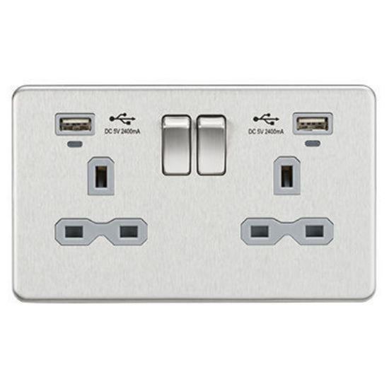 Picture of 13A 2G Switched Socket, Dual USB (2.4A) with LED Charge Indicators - Brushed Chrome w/grey insert