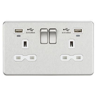 Picture of 13A 2G Switched Socket, Dual USB (2.4A) with LED Charge Indicators - Brushed Chrome w/white insert