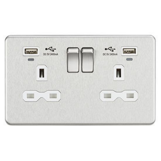 Picture of 13A 2G Switched Socket, Dual USB (2.4A) with LED Charge Indicators - Brushed Chrome w/white insert