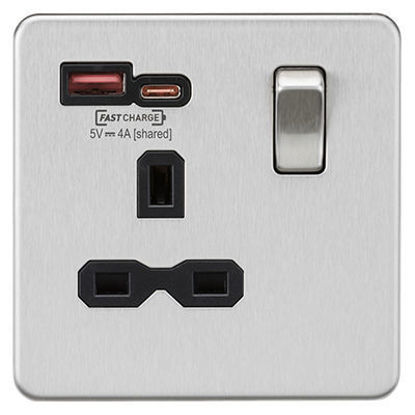 Picture of 13A 1G Switched Socket with Dual Fast Charge Outlets A+C (5-12V 4A shared) - brushed chrome