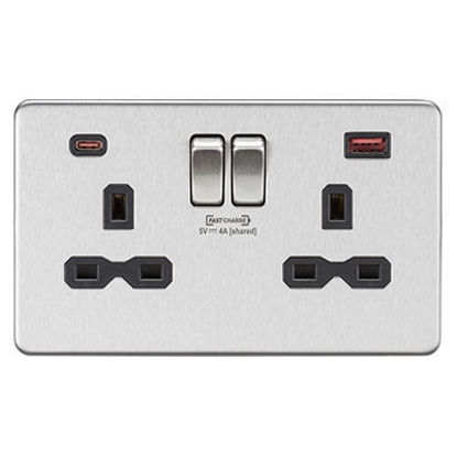 Picture of 13A 2G DP Switched Socket with Dual USB FASTCHARGE ports (A + C) - Brushed Chrome with black insert